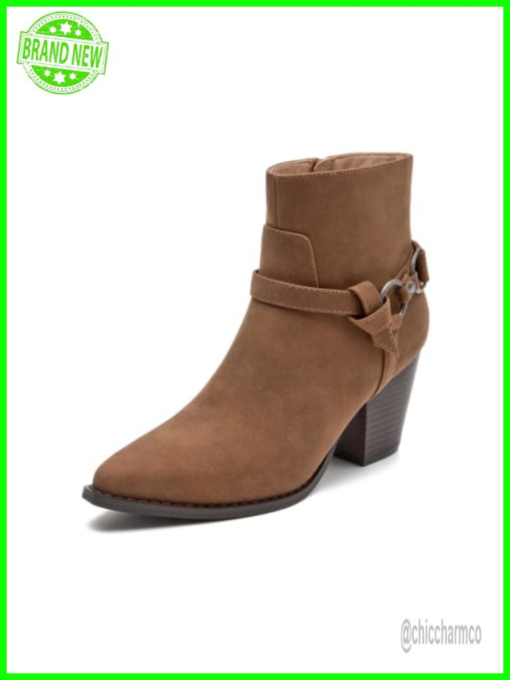 Pointed Toe Faux Suede Ankle Boots Block Heel Zip Western Booties